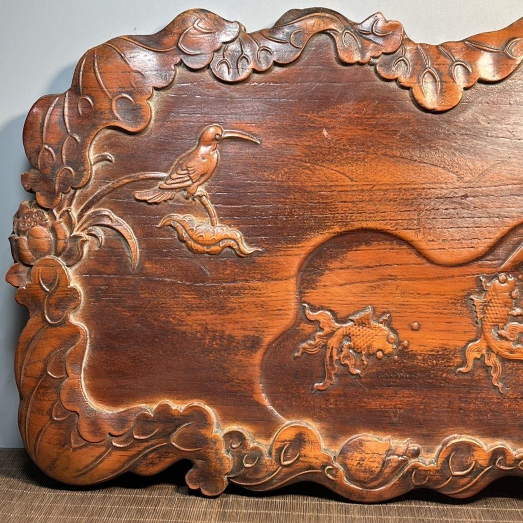 57cm Vintage Chinese Wooden Carved Tea Plaque with Dragons Fishes Birds Flowers In Fair Condition For Sale In 景德镇市, CN