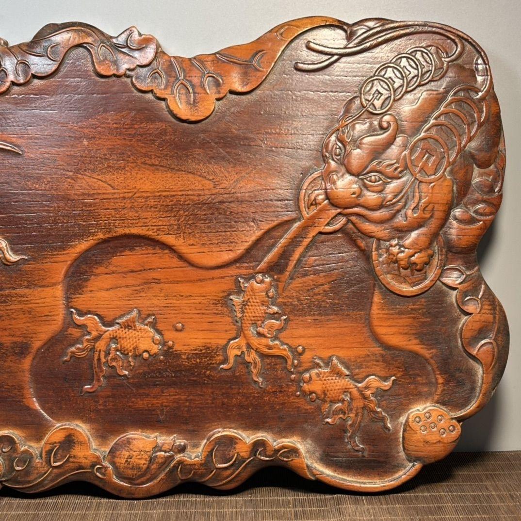 19th Century 57cm Vintage Chinese Wooden Carved Tea Plaque with Dragons Fishes Birds Flowers For Sale