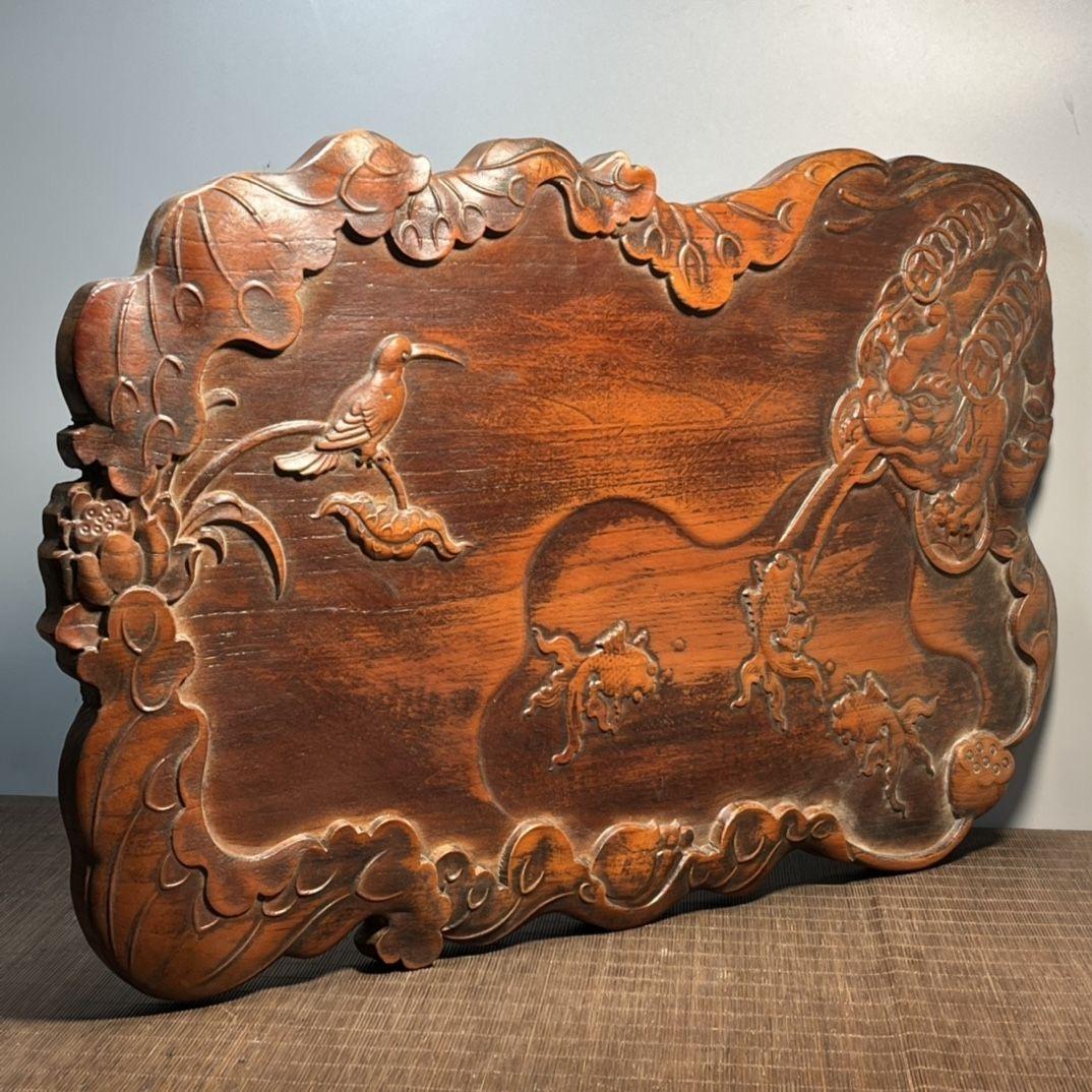 57cm Vintage Chinese Wooden Carved Tea Plaque with Dragons Fishes Birds Flowers For Sale 3