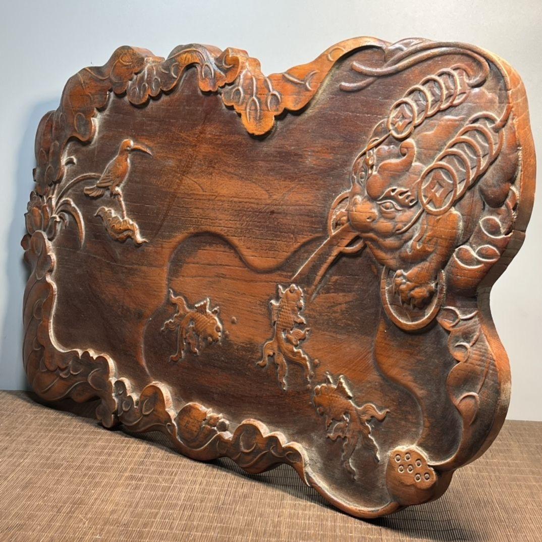 57cm Vintage Chinese Wooden Carved Tea Plaque with Dragons Fishes Birds Flowers For Sale 4