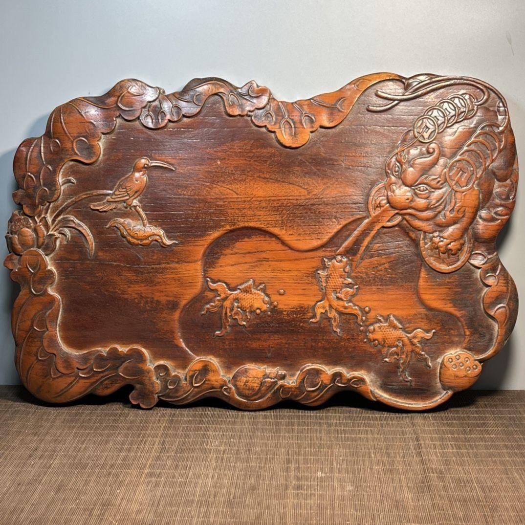 57cm Vintage Chinese Wooden Carved Tea Plaque with Dragons Fishes Birds Flowers For Sale 5