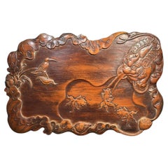 57cm Vintage Chinese Wooden Carved Tea Plaque with Dragons Fishes Birds Flowers