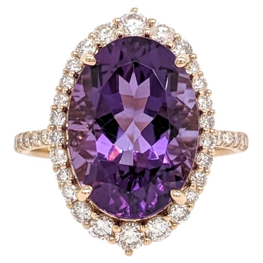 5.7ct Amethyst Ring w Earth Mined Diamonds in Solid 14K Yellow Gold Oval 14x10mm For Sale