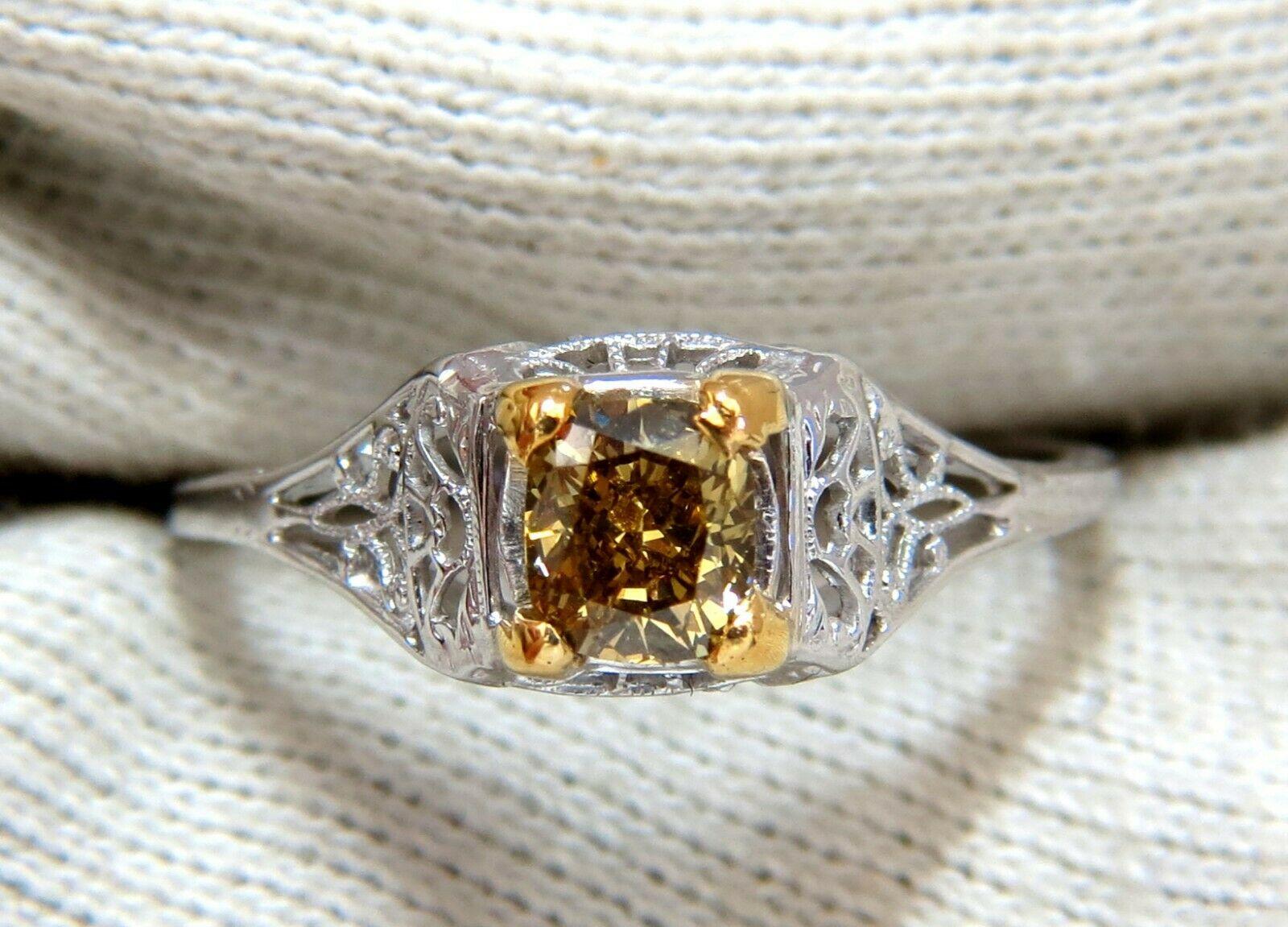 Round Cut .57 Carat Natural Fancy Orange Brown Diamond Vintage Gilt Ring 14 Karat For Sale