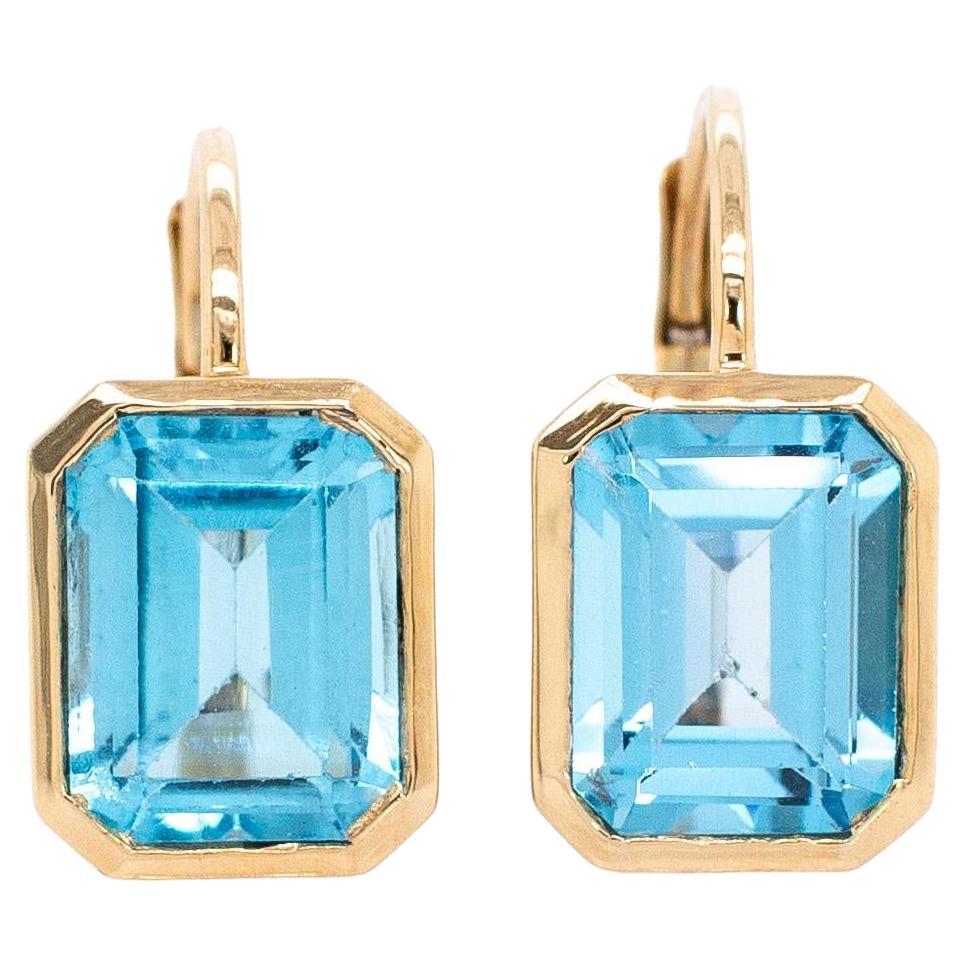 Boucles d
oreilles 5.7cts Brazilian Sky Blue Topaz : Or jaune 14k massif, Émeraude 9x7mm