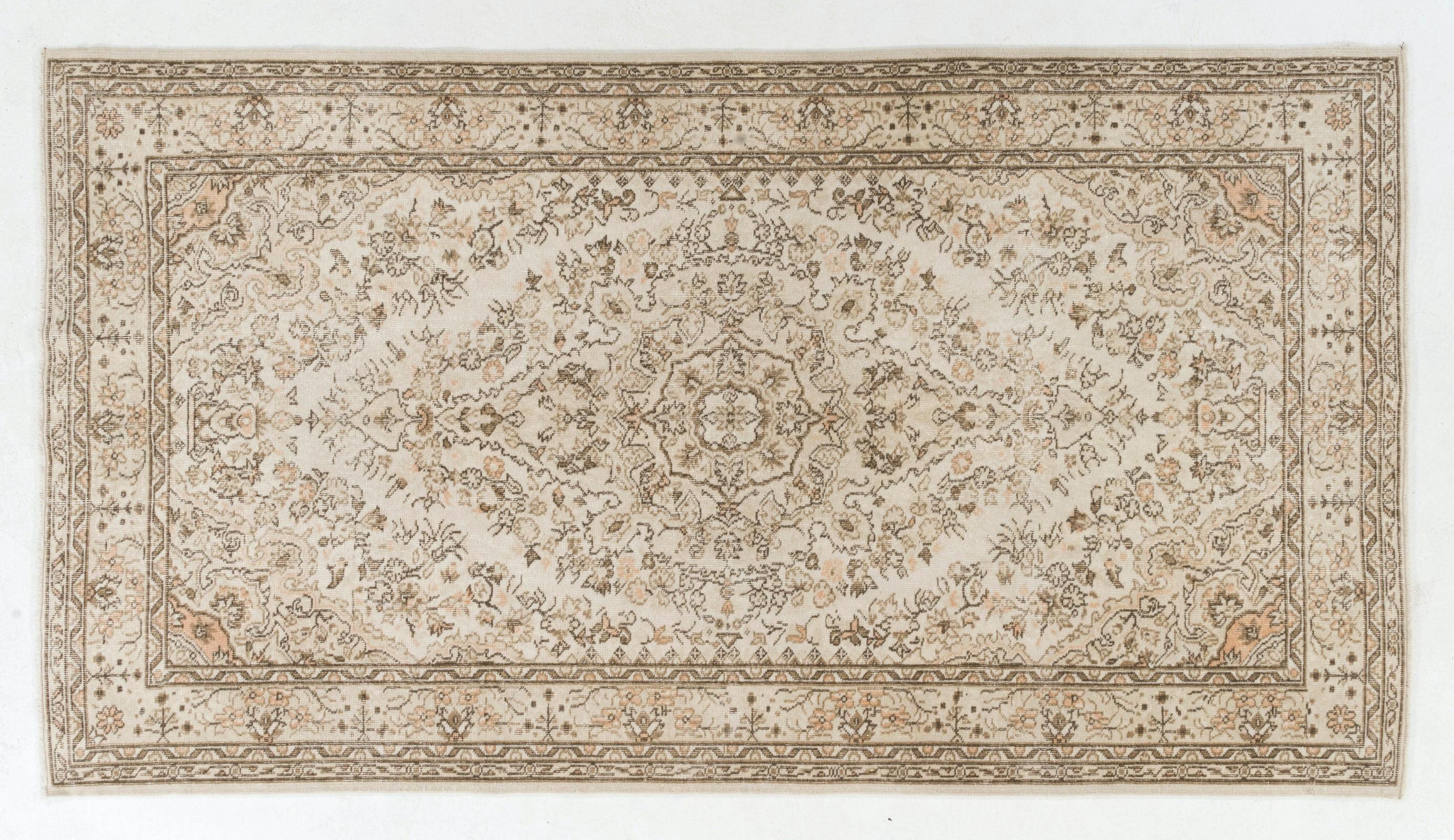 Cotton 5.7x10 Ft Vintage Hand-Knotted Floral Turkish Oushak Area Rug in Soft Colors For Sale