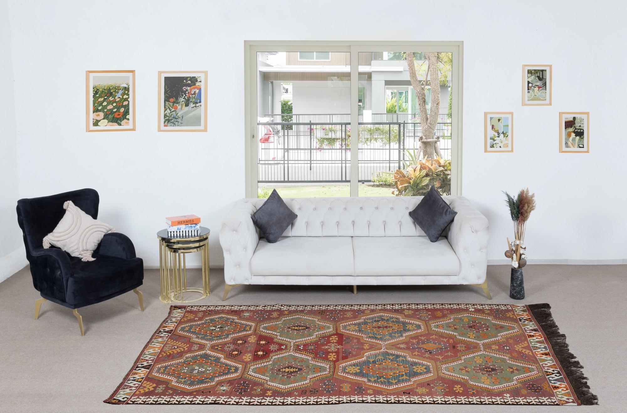 5.7x10 Ft handgewebter türkischer Kelim 'Flat Weave' mit geometrischen Mustern, Vintage im Zustand „Gut“ im Angebot in Spring Valley, NY
