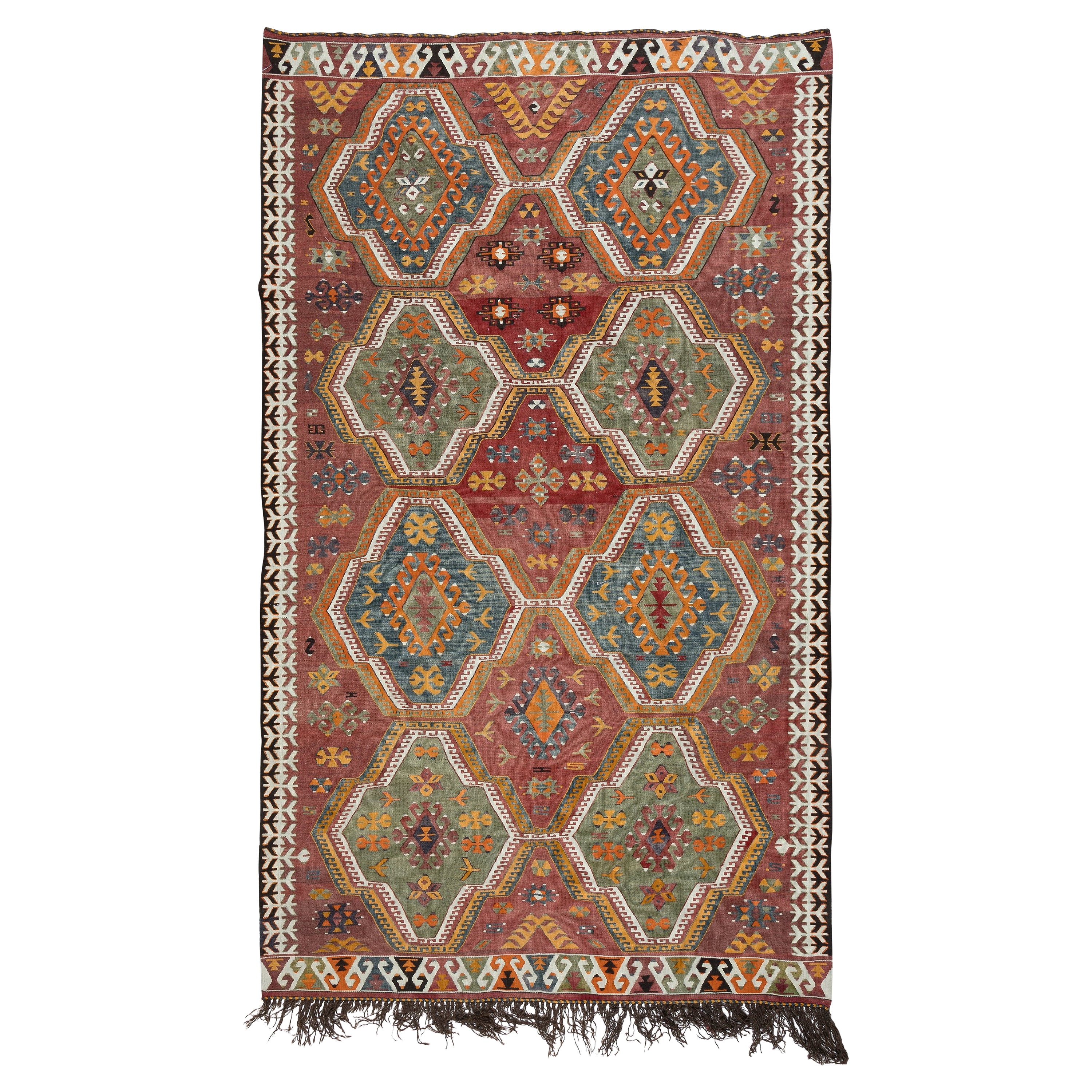 Kilim turco d'epoca tessuto a mano con trama piatta e motivi geometrici