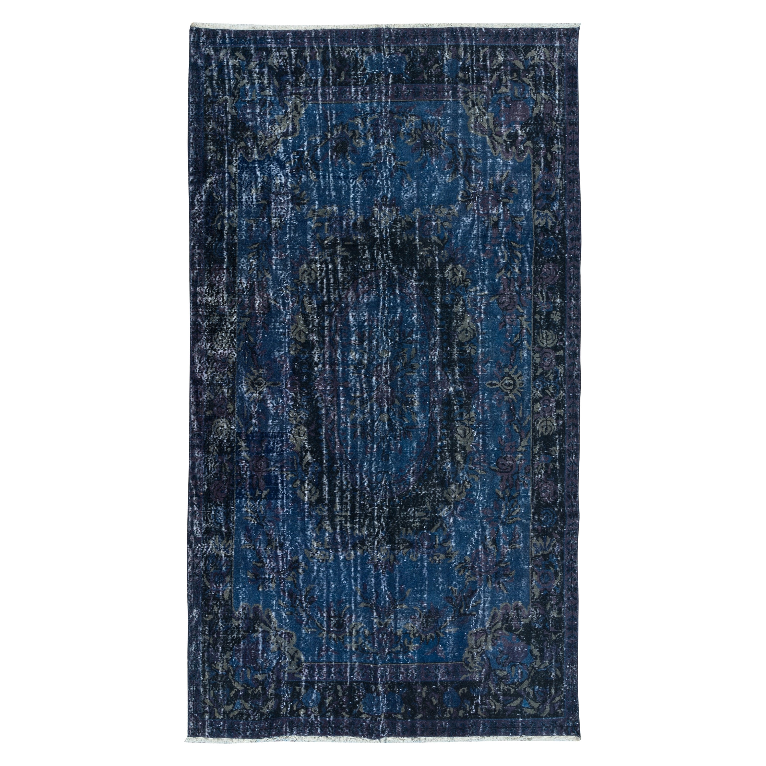 Tappeto Aubusson francese 5.7x10.2 Ft in blu scuro, Tappeto turco fatto a mano