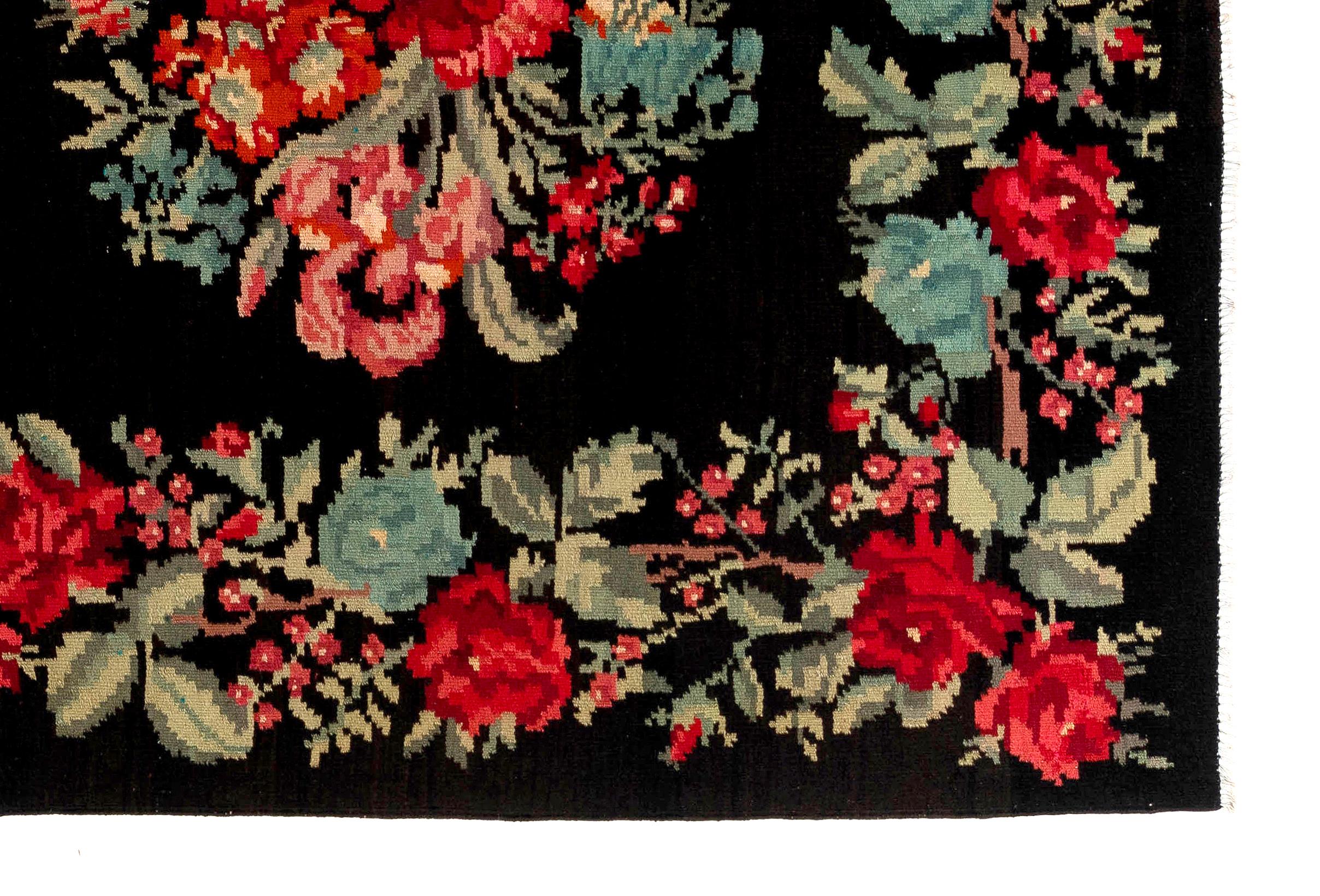 Bohemian 5.7x11 Ft Vintage Bessarabian Kilim, Floral Handwoven Wool Rug from Moldova