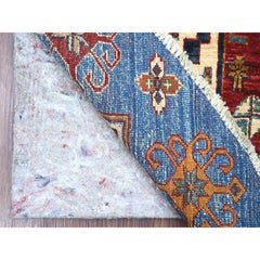 5'7"x5'7" Blue Afghan Super Kazak with Star Design Hand Knotted Wool Round Rug