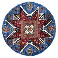 5'7"x5'7" Blue Afghan Super Kazak with Star Design Hand Knotted Wool Round Rug