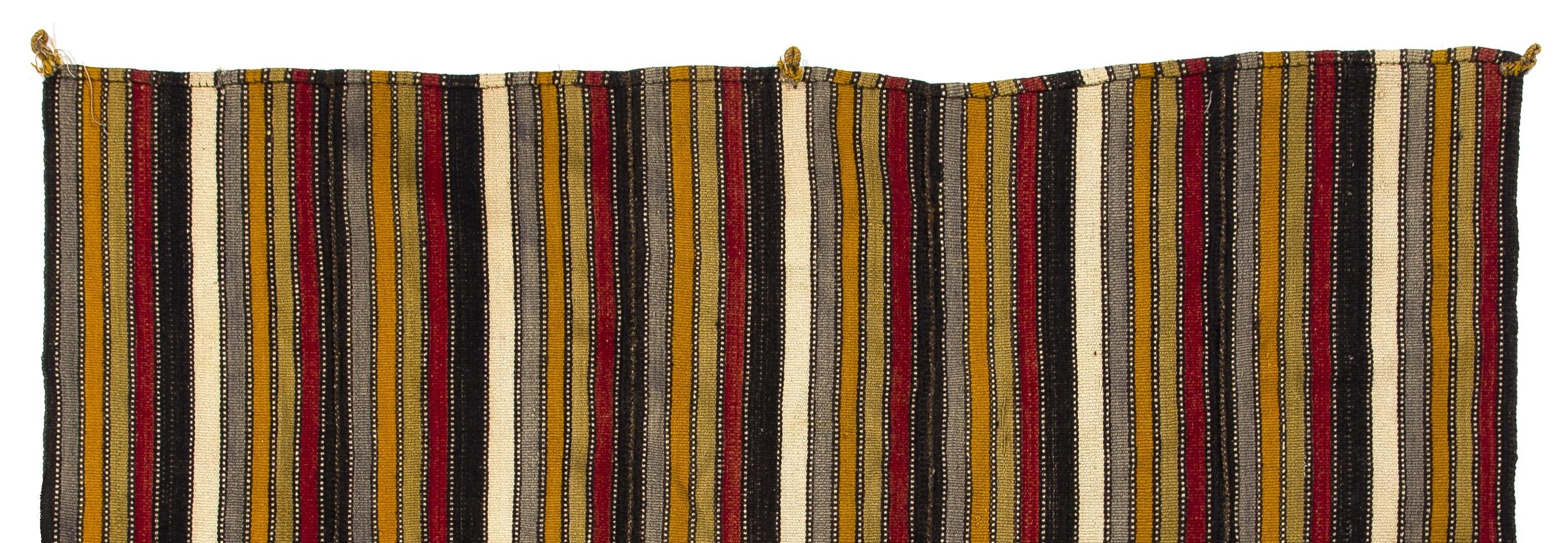 These authentic flat-weaves (Kilims) from Central Turkey were handwoven by Nomads to be used as a floor covering in their tents or summer houses until late 20th century. It is made of multi colored wool; the white stripes are of cotton. Measures: