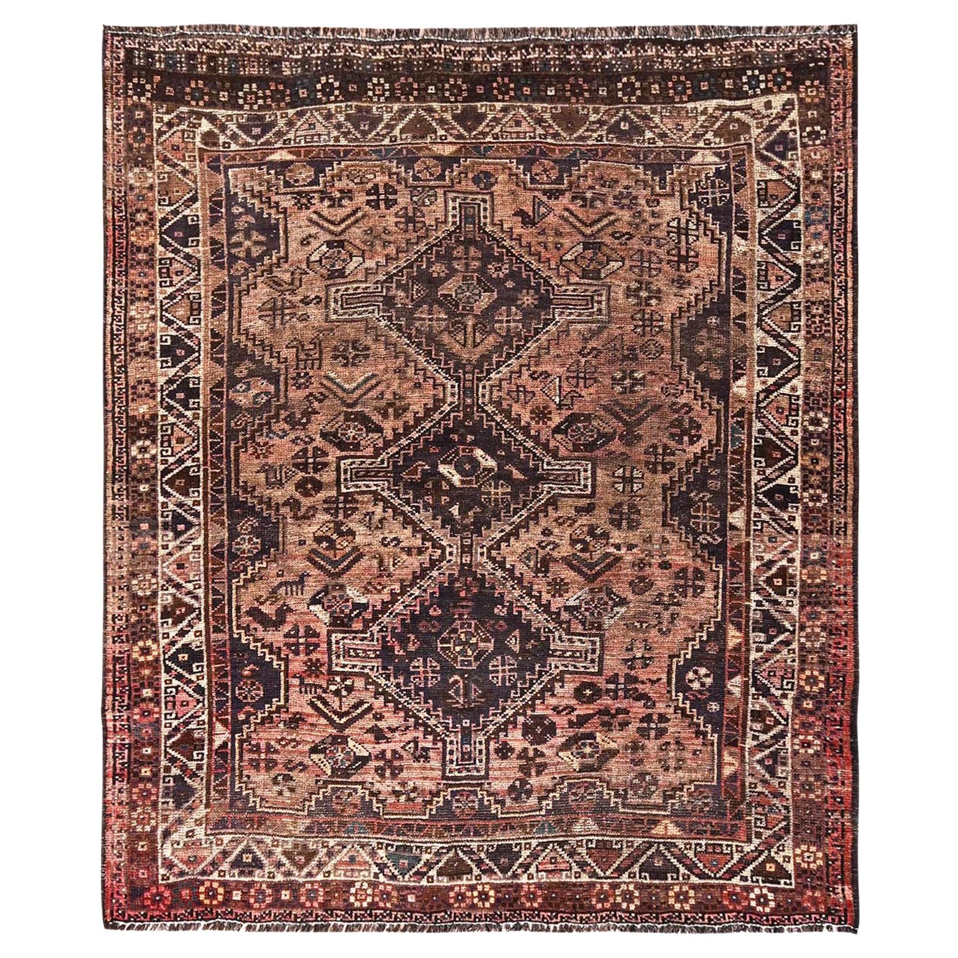 5
7"x6
5" Brown Vintage Persian Shiraz Hand Knotted Pure Wool Oriental Rug