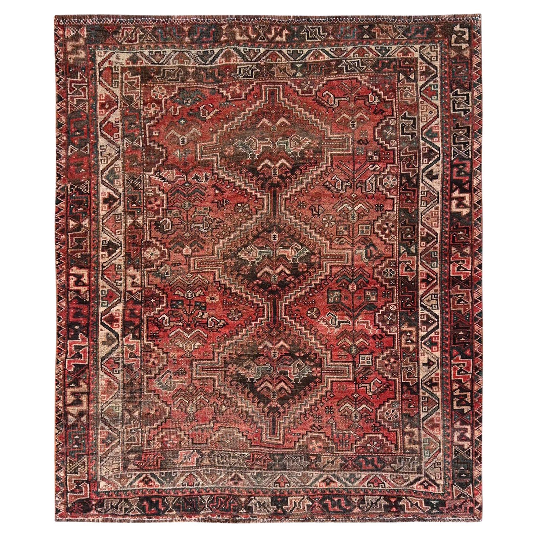5
7"x6
8" Red Vintage Persian Shiraz with Geometric Design Hand Knotted Wool Rug
