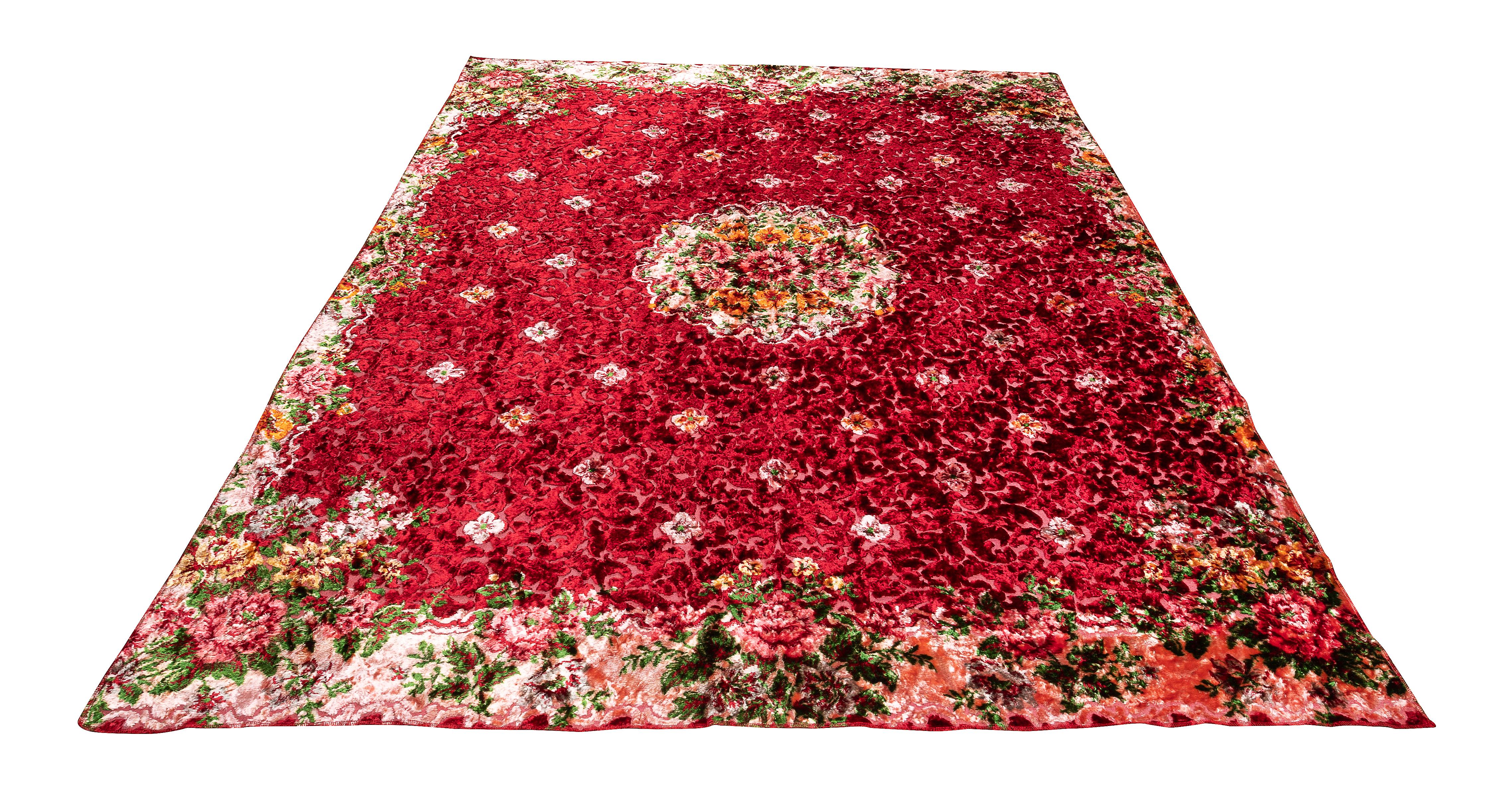 Uzbek 5.7x7 Ft One of a Kind Vintage Floral Design Velvet Wall Hanging, Red Bed Cover For Sale