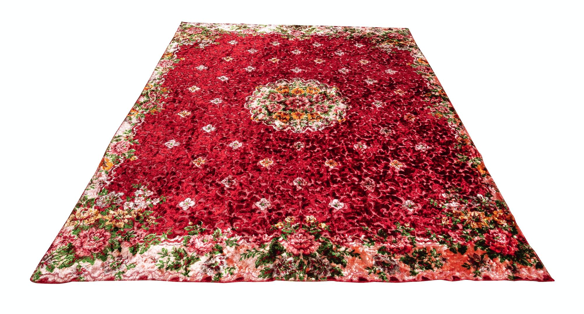 5.7x7 Ft Einzigartiges Vintage-Wandbehang aus Samt mit Blumenmuster, roter Bettbezug (Usbekisch) im Angebot