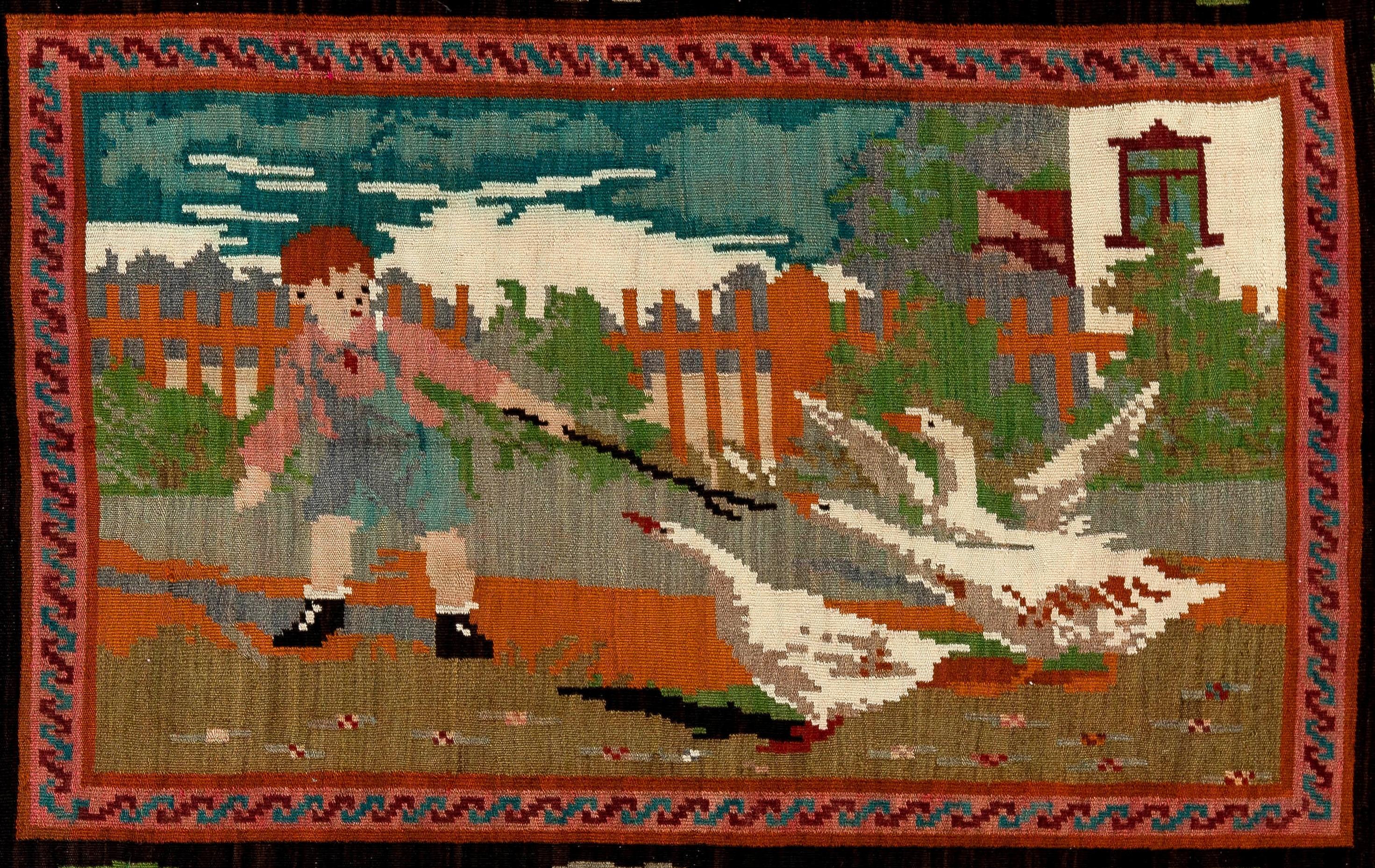 Bohemian 5.5x7.2 Ft Handmade Bessarabian Kilim, Vintage Rug. Pictorial Tapestry. All Wool For Sale