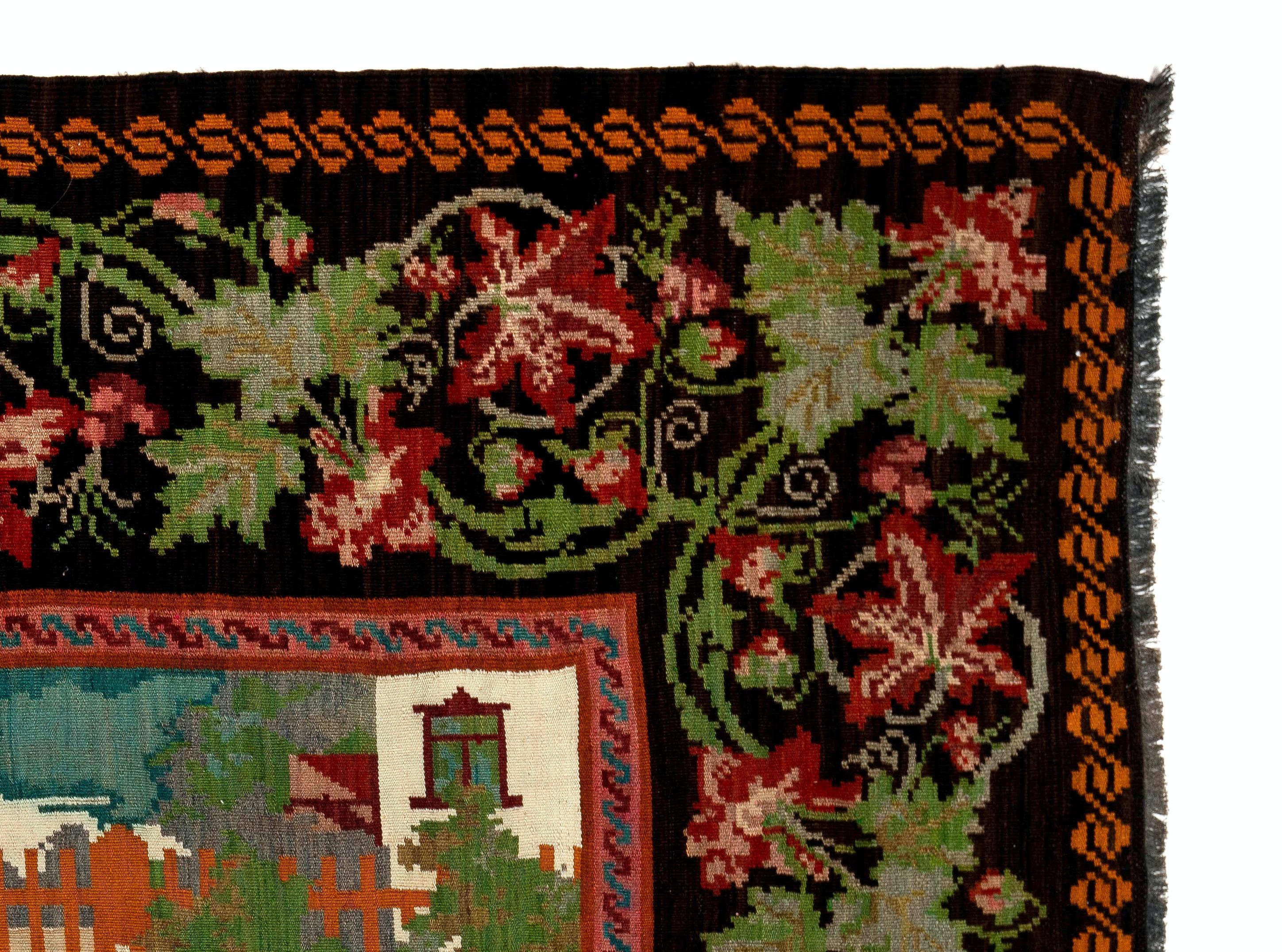 Moldovan 5.5x7.2 Ft Handmade Bessarabian Kilim, Vintage Rug. Pictorial Tapestry. All Wool For Sale