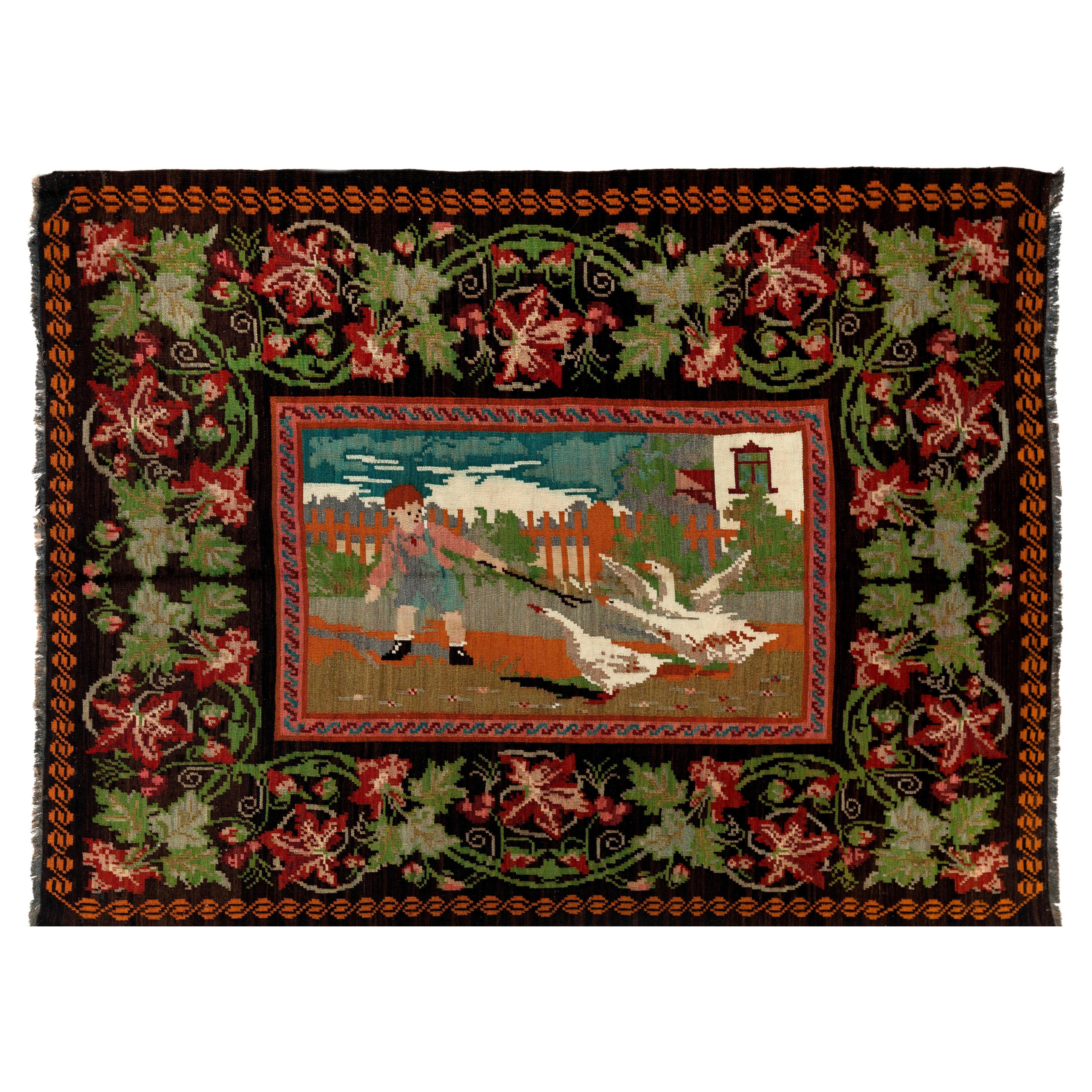 5.5x7.2 Ft Handmade Bessarabian Kilim, Vintage Rug. Pictorial Tapestry. All Wool For Sale