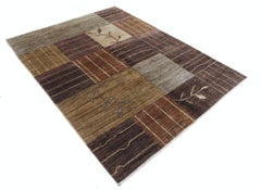 5.7x7.5 ft Handmade Braun, Beige, Grau Teppich. Abstraktes Botanisches Geometrisches Design