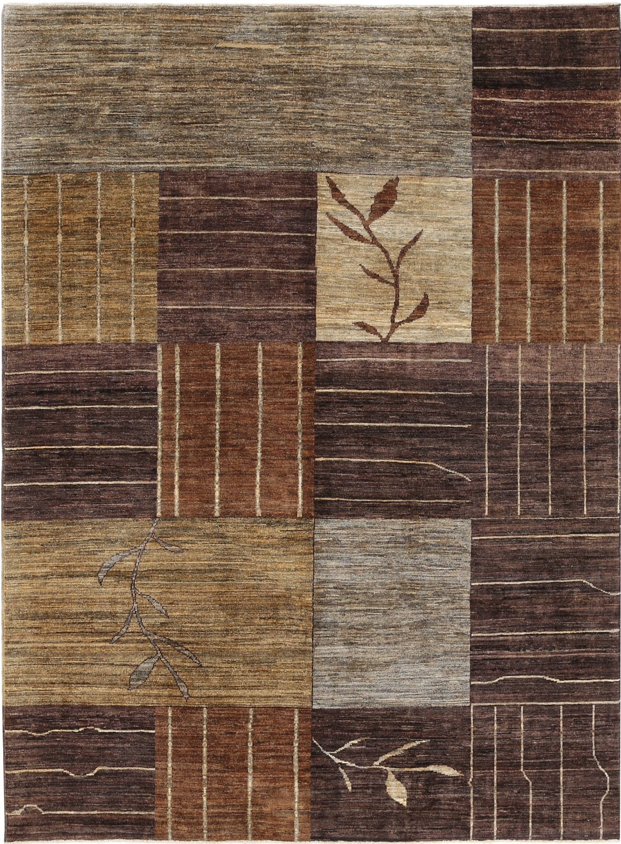 5.7x7.5 ft Handmade Brown, Beige, Gray Rug. Abstract Botanical Geometric Design