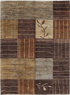 5.7x7.5 ft Handmade Braun, Beige, Grau Teppich. Abstraktes Botanisches Geometrisches Design