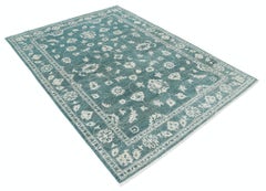 5.7x7.6 ft Hand Knotted Green Wool Oushak Area Rug with All-Over Floral Design