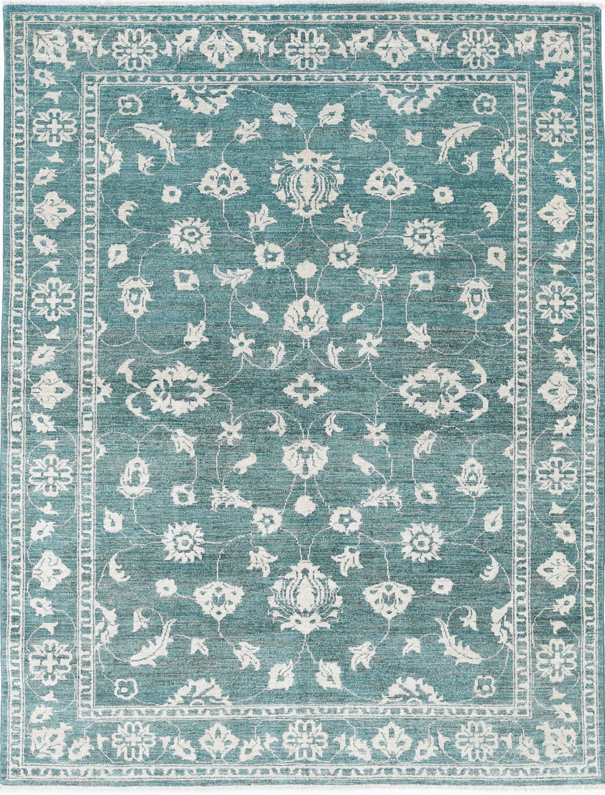 5.7x7.6 ft Hand Knotted Green Wool Oushak Area Rug with All-Over Floral Design For Sale