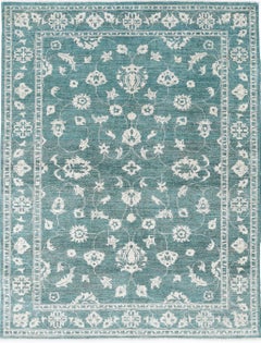 5.7x7.6 ft Hand Knotted Green Wool Oushak Area Rug with All-Over Floral Design