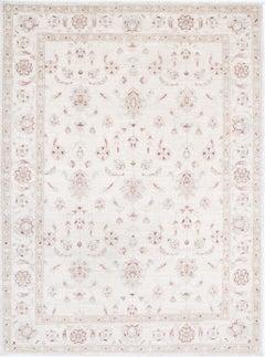 5.7x7.6 ft Hand Knotted Oushak Wool Rug. Beige Turkish Carpet with Floral Design