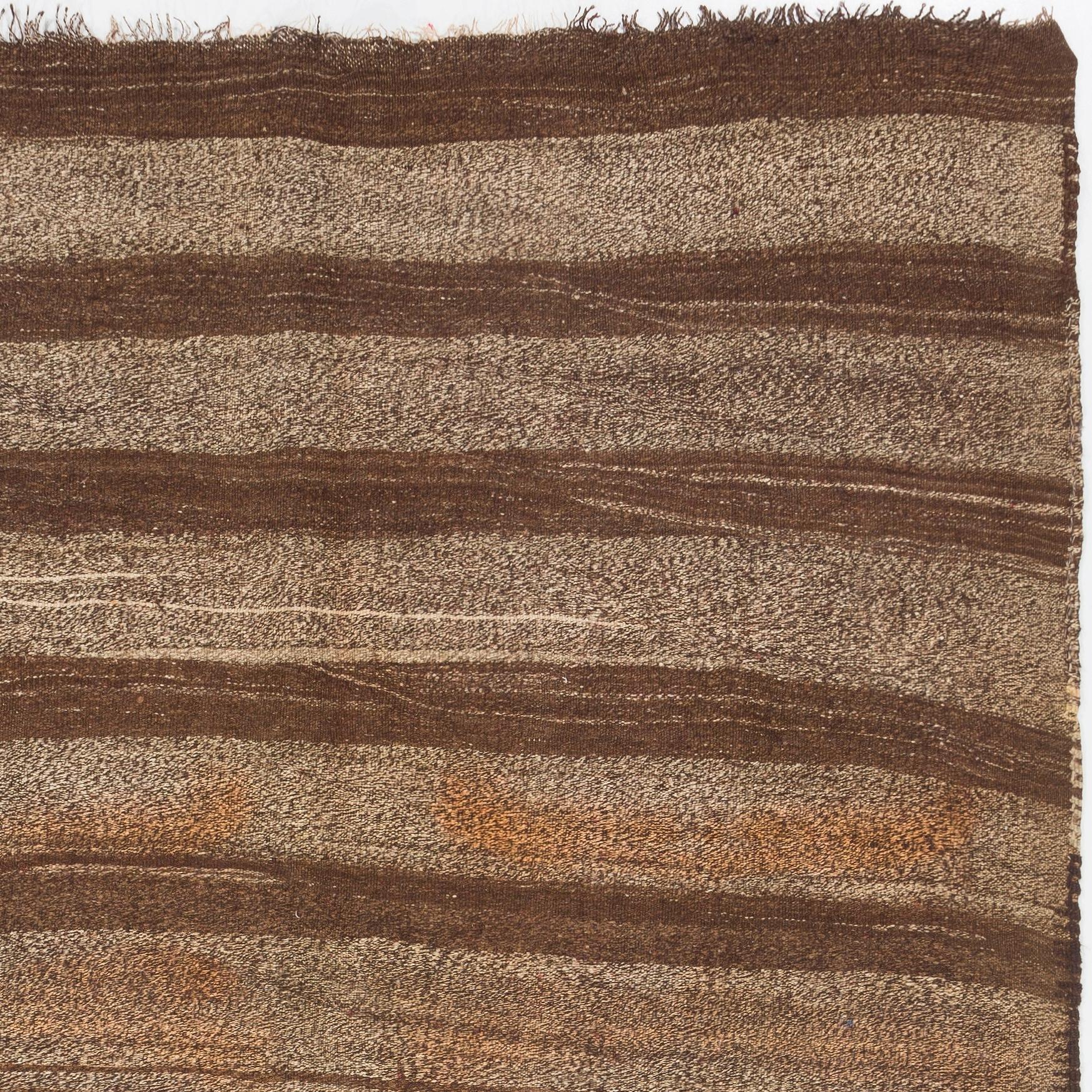 Turkish 5.7x7.6 Ft Vintage Striped Handmade Wool Kilim Rug in Brown, Beige and Orange For Sale