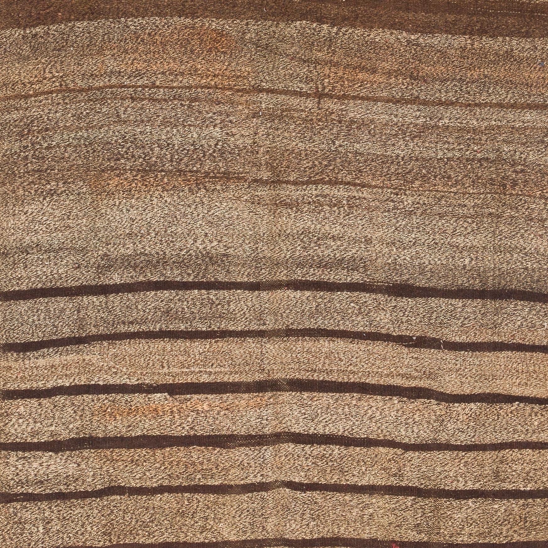 Hand-Woven 5.7x7.6 Ft Vintage Striped Handmade Wool Kilim Rug in Brown, Beige and Orange For Sale