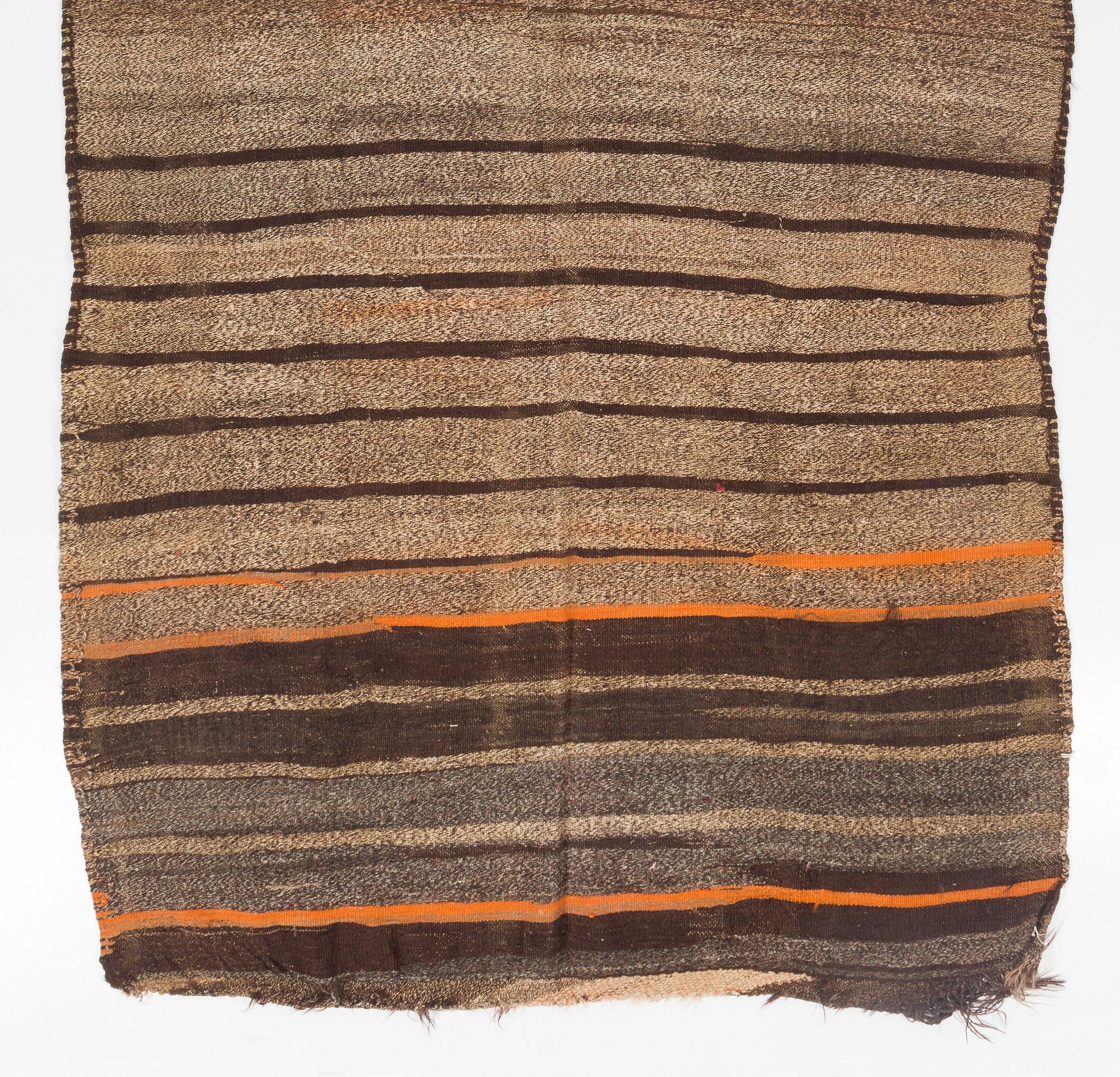 Turkish 5.7x7.6 Ft Striped Vintage Handmade Wool Runner Kilim in Brown, Beige and Orange For Sale
