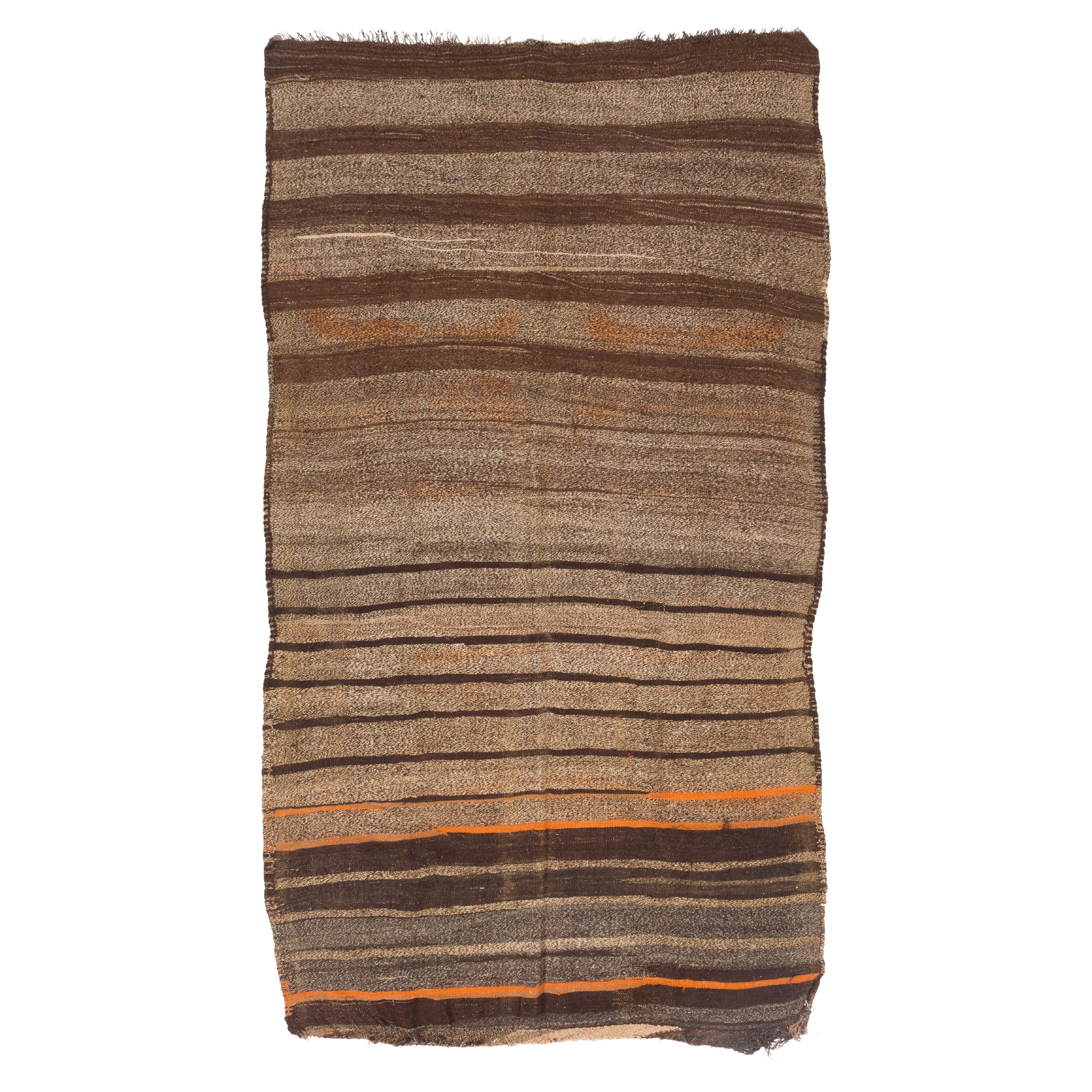 5.7x7.6 Ft Striped Vintage Handmade Wool Runner Kilim in Brown, Beige and Orange For Sale