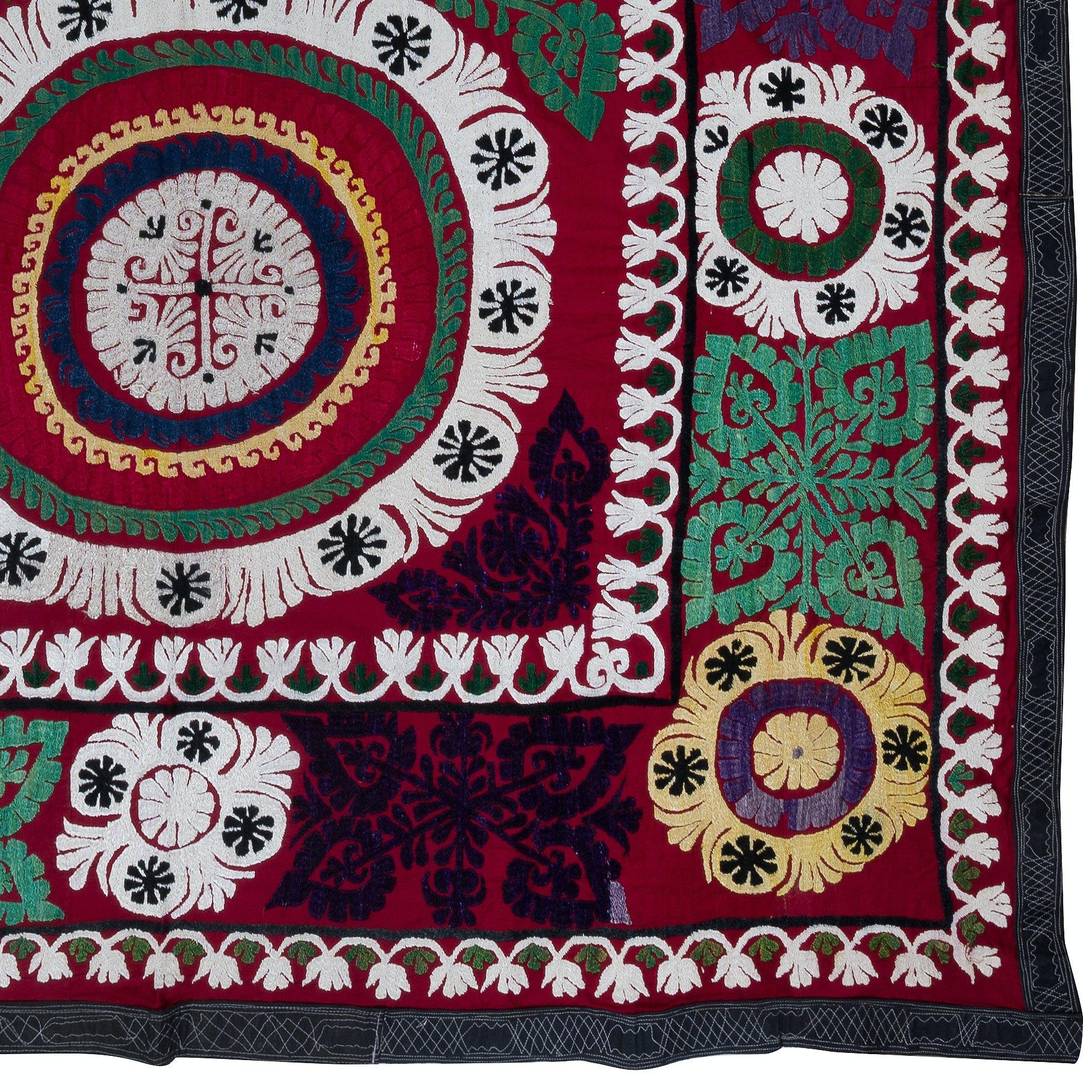 Embroidered 5.7x7.6 ft Vintage Silk Embroidery Wall Hanging, Colorful Uzbek Suzani Bed Cover For Sale