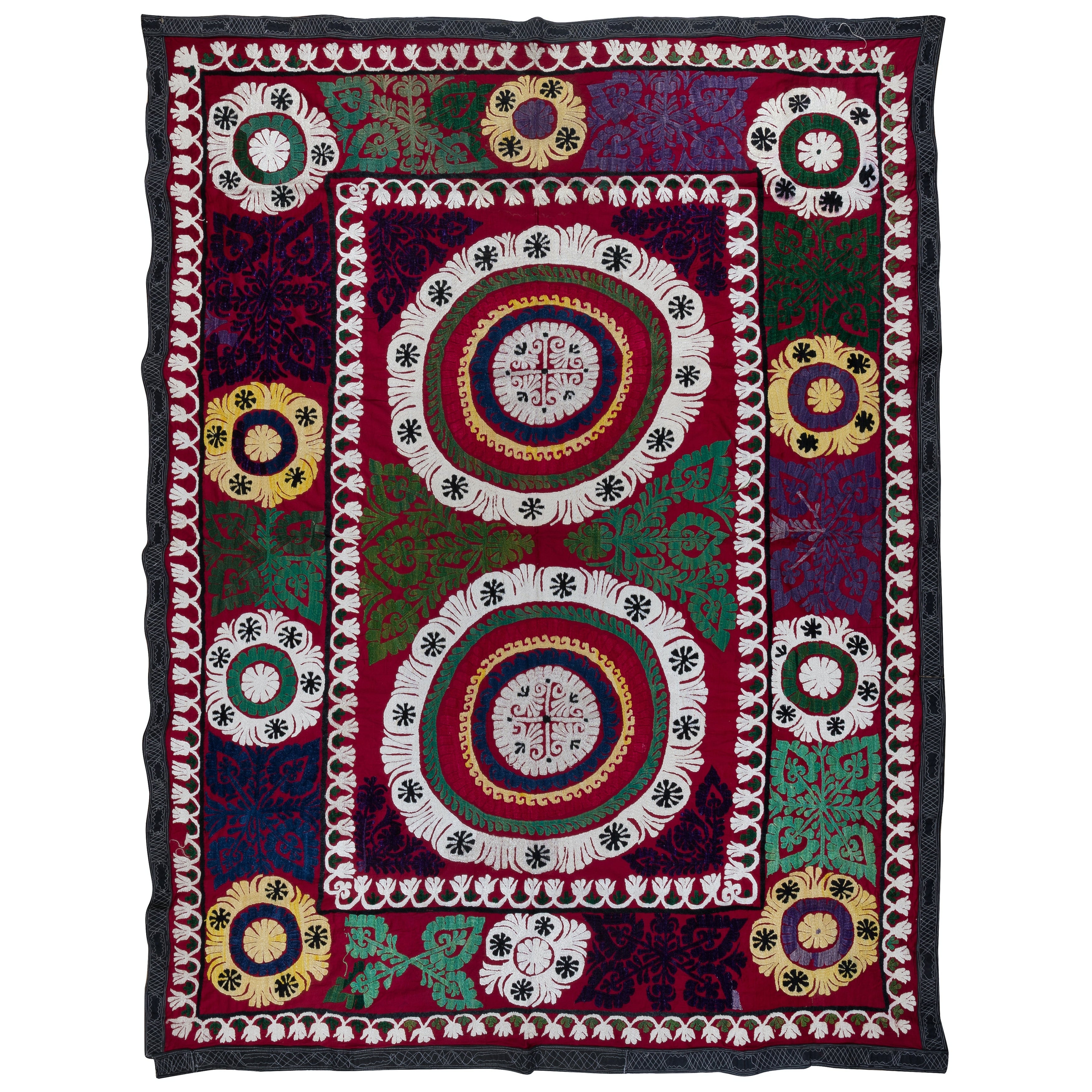 Suspension murale vintage en soie Suzani ouzbeke colorée de 5,7x7,6 pieds