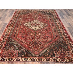 5'7"x7'6" Red Vintage Persian Shiraz with Animal Figurines Hand Knotted Wool Rug