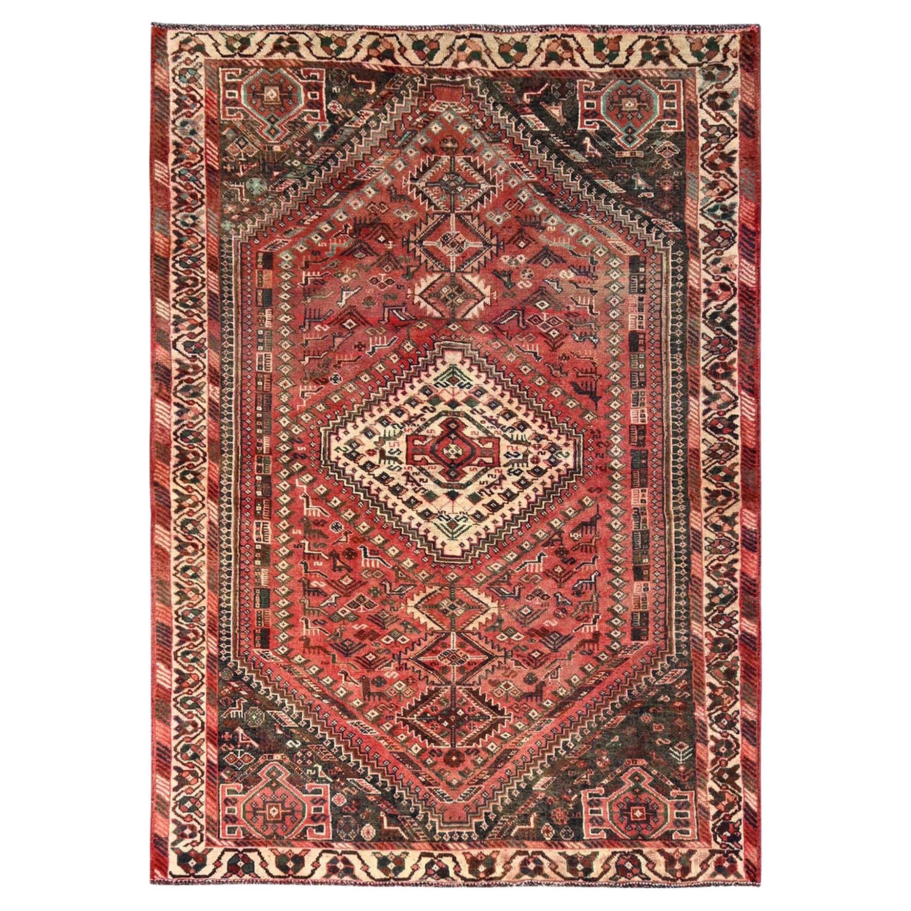 5
7"x7
6" Red Vintage Persian Shiraz with Animal Figurines Hand Knotted Wool Rug For Sale