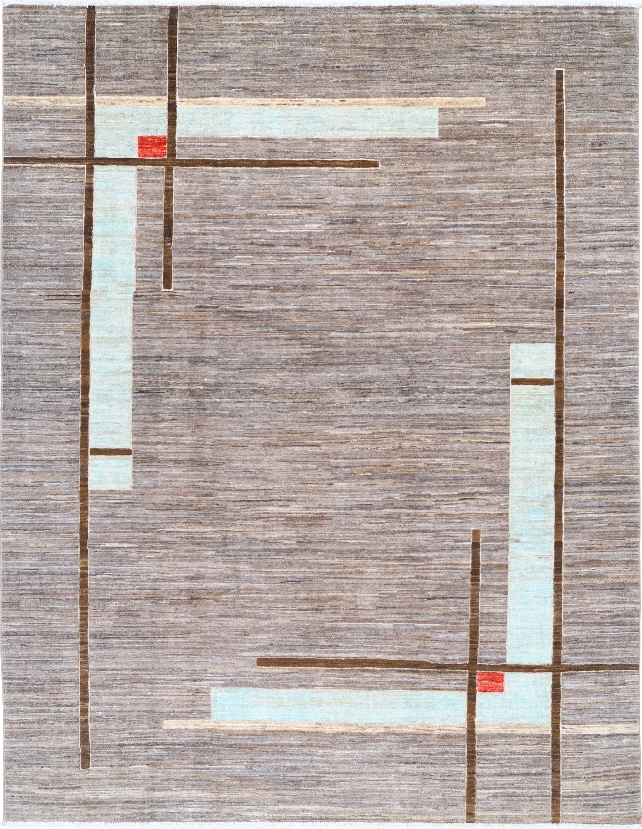 5.7x7.7 ft Hand Knotted Gray, Blue & Brown Rug. Abstract Linear Geometric Design