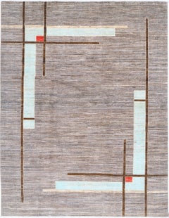 5.7x7.7 ft Hand Knotted Gray, Blue & Brown Rug. Abstract Linear Geometric Design