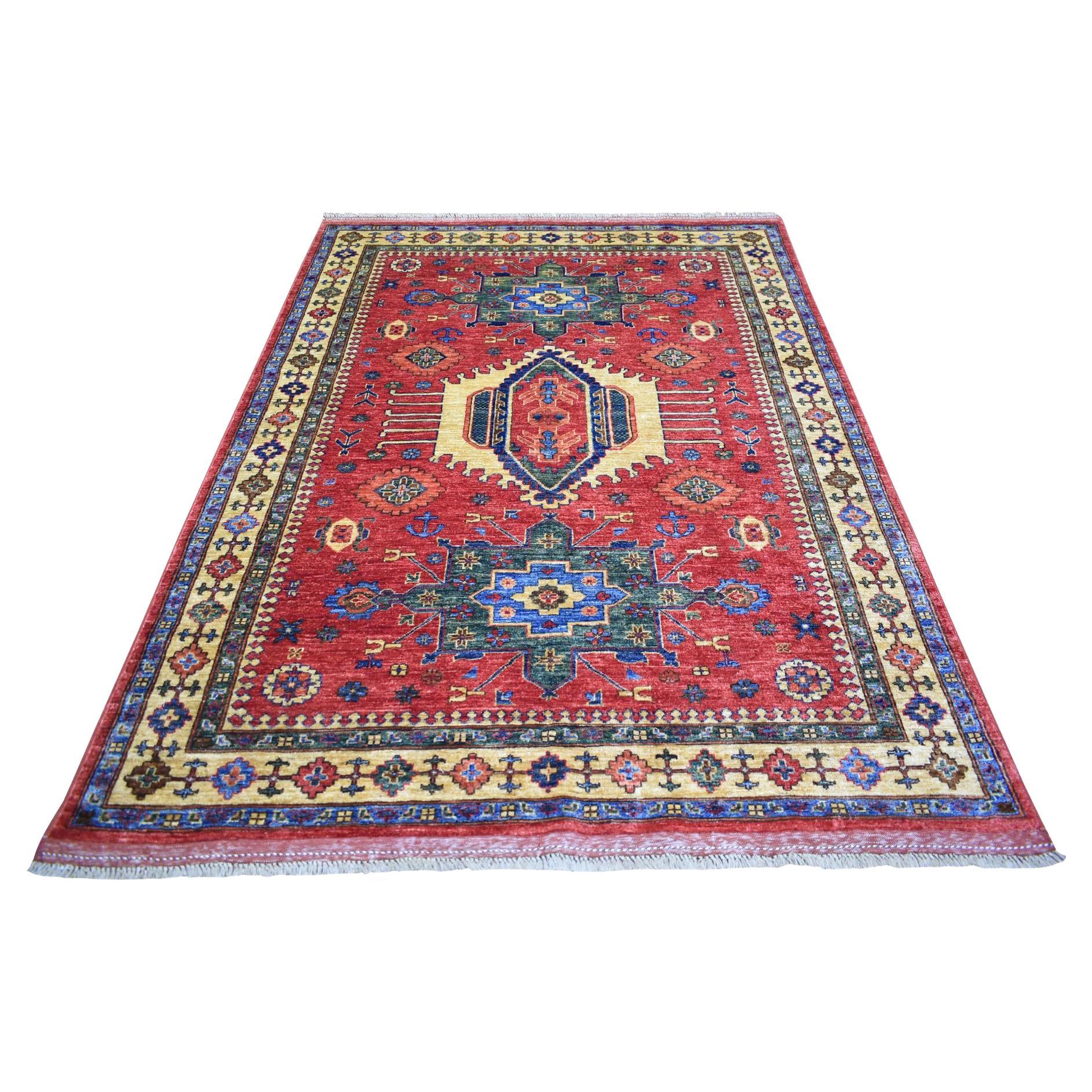 5'7"x7'7"  Red Afghan Ersari with Geometric Design, Pure Wool Oriental Rug