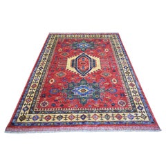 5'7 "x7'7"  Ersari afgana roja con diseño geométrico, alfombra oriental de pura lana