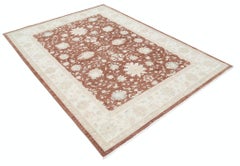 5.7x7.8 ft Hand Knotted Floral Area Rug with Red Field and Ivory Border