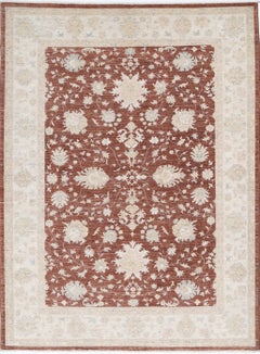 5.7x7.8 ft Hand Knotted Floral Area Rug with Red Field and Ivory Border