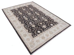 5.7x7.8 ft Hand Knotted Floral Turkish Area Rug in Brown and Beige. 100% Wool