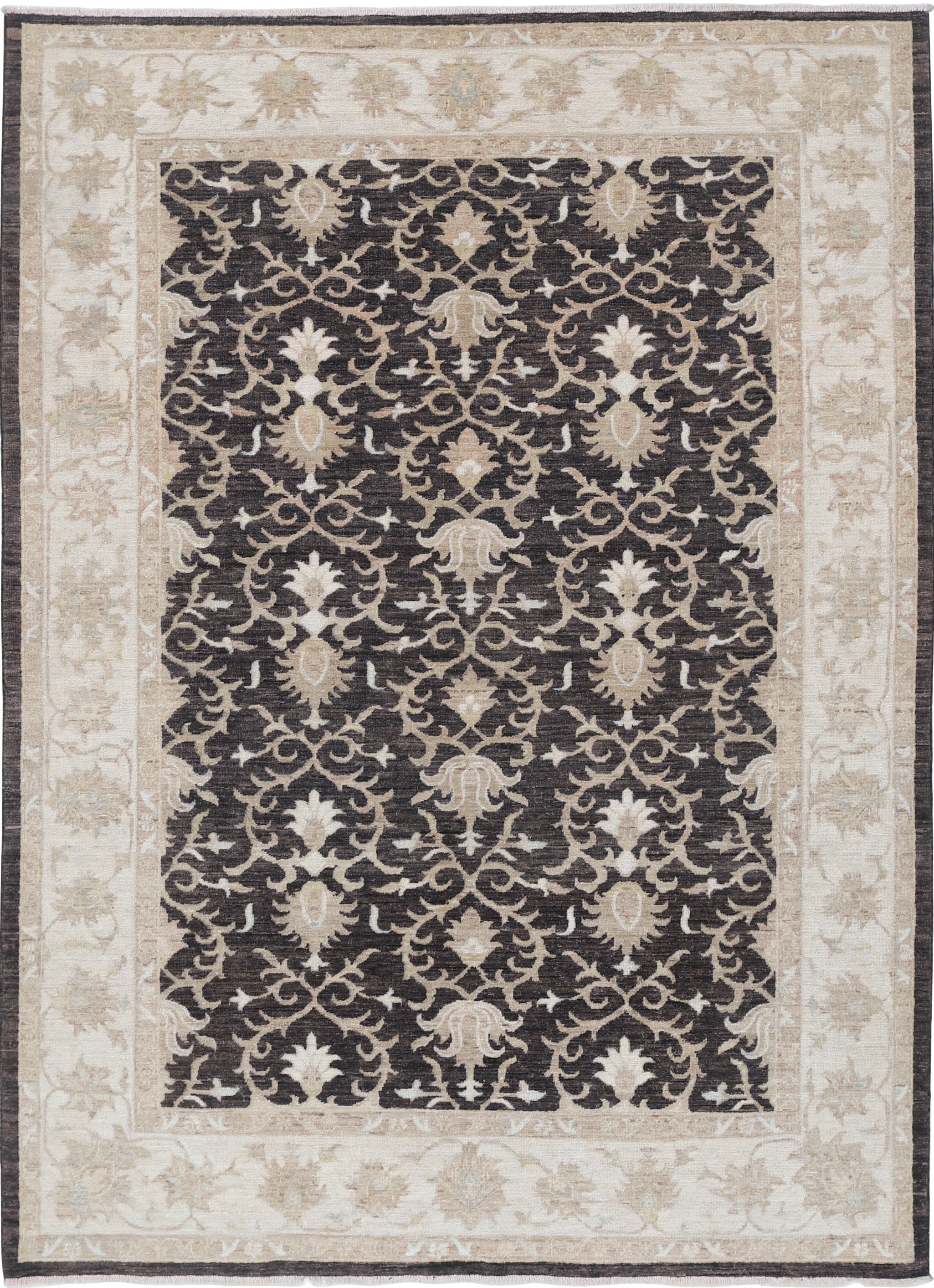 5.7x7.8 ft Hand Knotted Floral Turkish Area Rug in Brown and Beige. 100% Wool