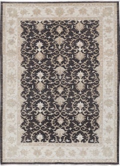 5.7x7.8 ft Hand Knotted Floral Turkish Area Rug in Brown and Beige. 100% Wool
