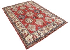 5.7x7.8 ft Handknotted Red Tribal Rug for Dining Room and Living Room. 100% Wool