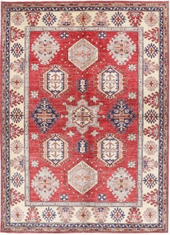 5.7x7.8 ft Handknotted Red Tribal Rug for Dining Room and Living Room. 100% Wool